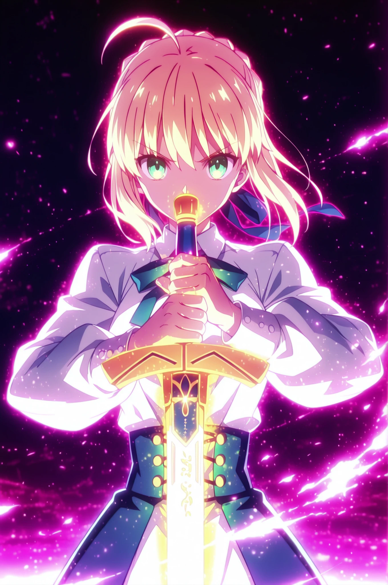 masterpiece, best quality, weapon, holding sword, 1girl, saber, fate_(series), 1girl, blonde_hair, green_eyes, tied hair, SHN journey, neon art, neon colors, glowing, glow effect, bright outlines, vibrant colors, high contrast, dark background, digital art,
