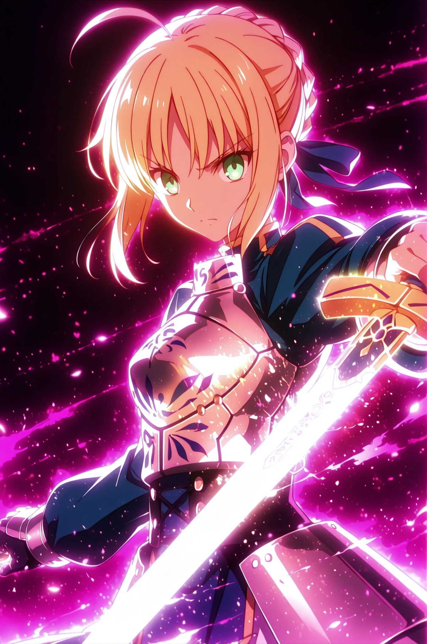 masterpiece, best quality, weapon, holding sword, 1girl, saber, fate_(series), 1girl, blonde_hair, green_eyes, tied hair, SHN journey, neon art, neon colors, glowing, glow effect, bright outlines, vibrant colors, high contrast, dark background, digital art,
