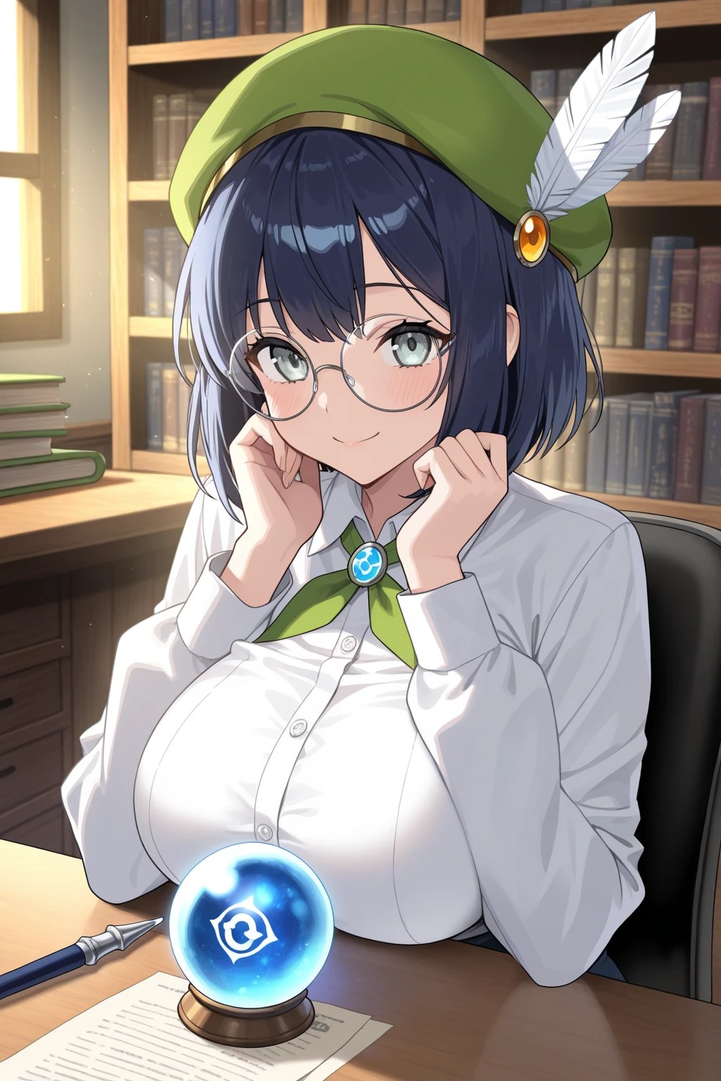(best quality,4k,8k,highres,masterpiece:1.2), ultra-detailed, (realistic,photorealistic,photo-realistic:1.37), HDR, UHD, studio lighting, extreme detail description, professional, vivid colors, bokeh, portraits, anime, short dark hair, dark skin, beautiful detailed eyes, a small smile on her lips, shiny glasses lenses, sitting, with her hands holding a glowing orb while two other glowing spheres orbit around her.