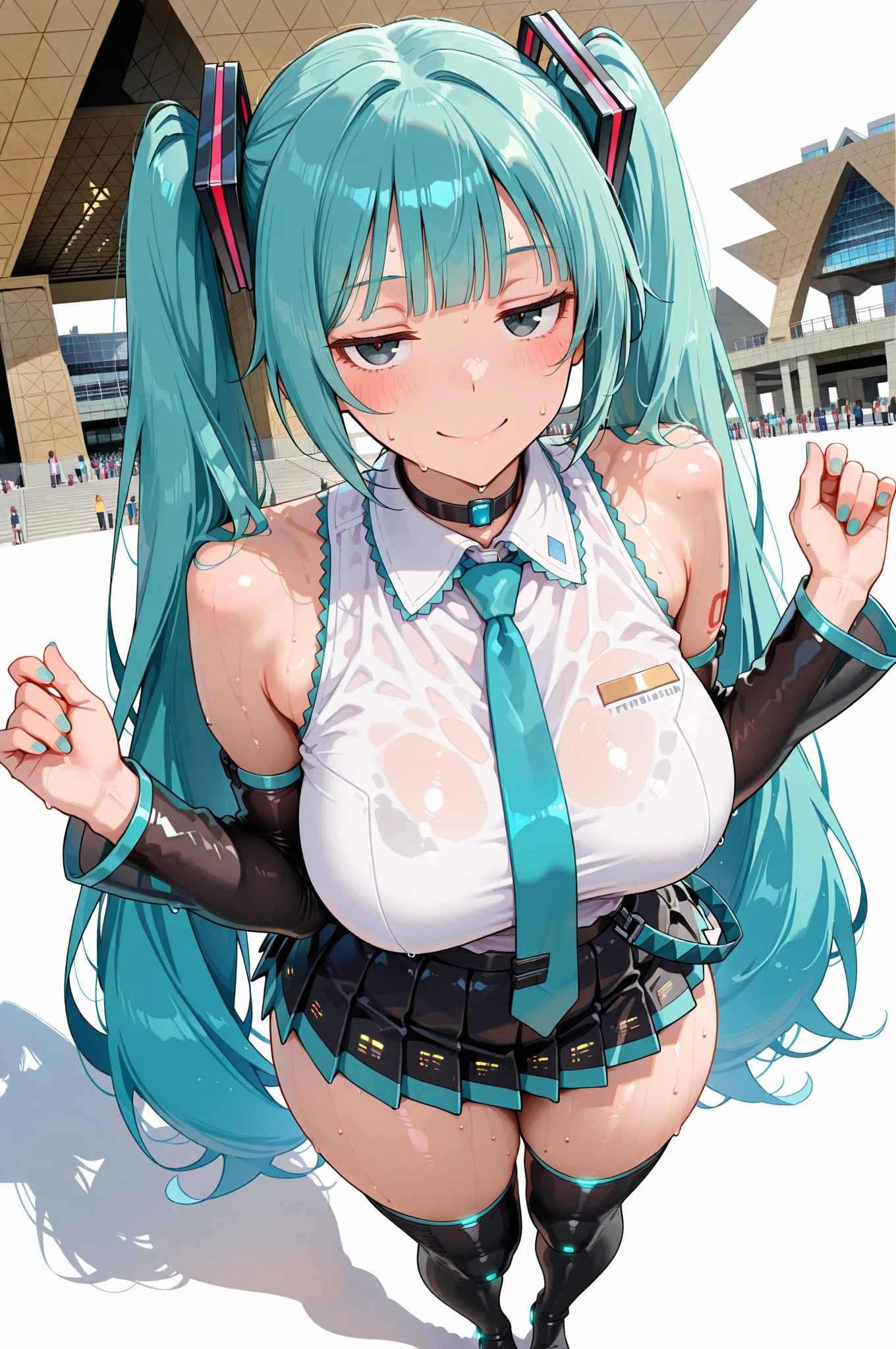 Hatsune Miku, cheerleader, showing the tongue, makeup, big tits