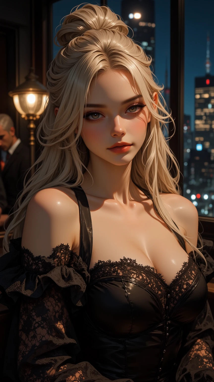portrait Blake Lively, wearing breasts french maid costume, against the background of the Eiffel Tower, character portrait, 3 9 9 0 s, long hair, intricate, elegant, highly detailed, digital painting, artstation, concept art, smooth, sharp focus, illustration, art by wlop, charlie bowater and alexandra fomina, 36k, silver glittering, shining