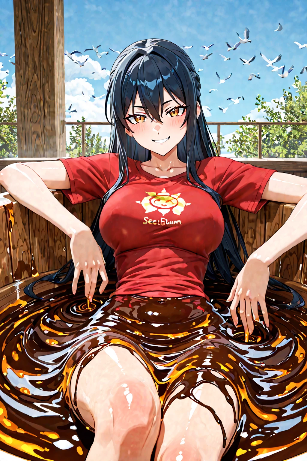 Duo, score_9,score_8_up,score_7_up, source_cartoon, source_anime, 2 people, a tall thick dark skin woman with black hair in a ponytail and green eyes wearing a red bikini, a big white men with big dicks, man is laying down on womans thighs, woman is giving man a handjob, man is sucking milk out of womans nipple, nsfw