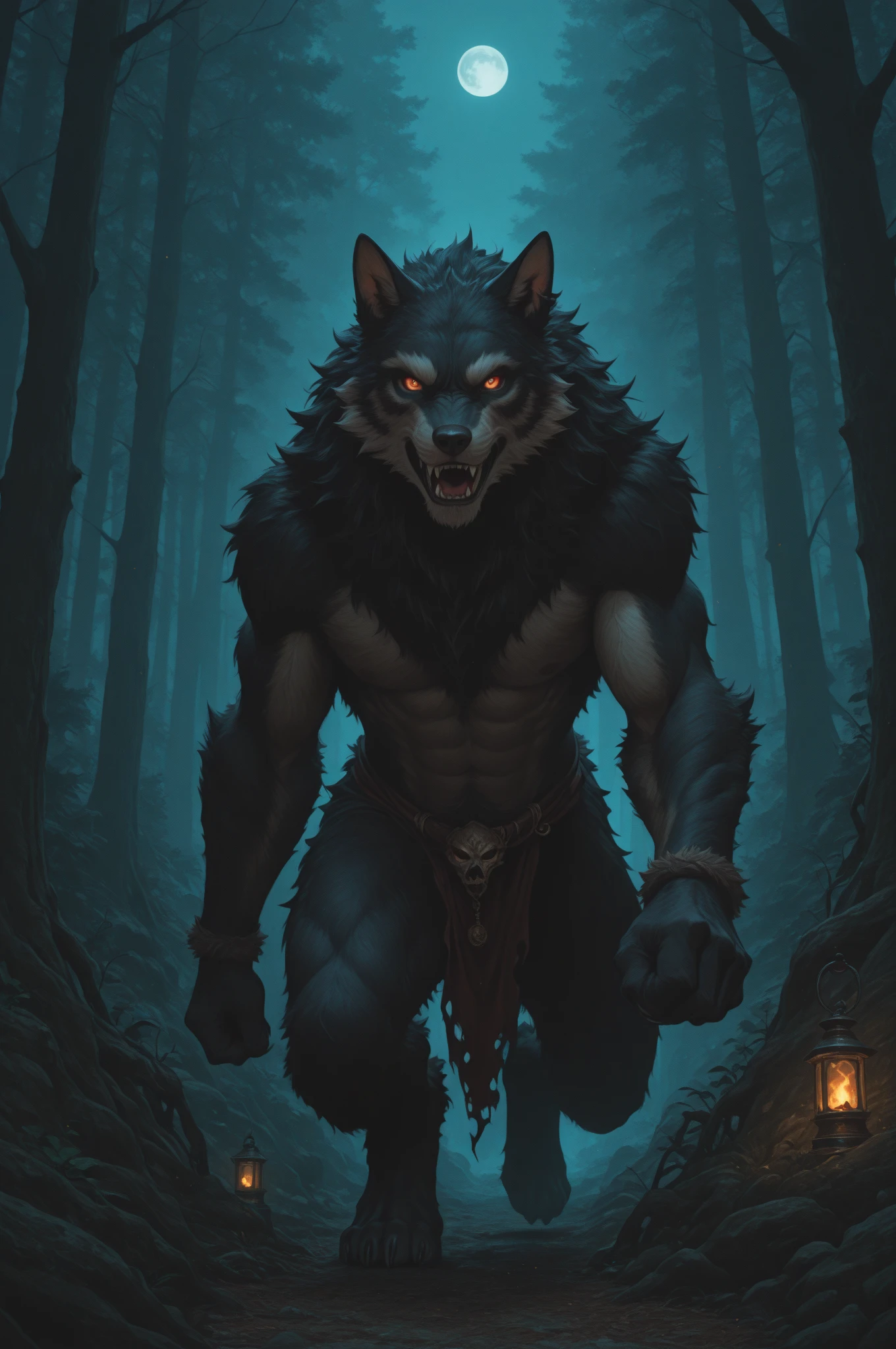 the werewolf lies in wait, hidden in dense undergrowth. The air is saturated with the smell of decay and the whisper of forgotten magics.. His fur, drenched in the blood of a recent hunt, goes perfectly with the shadows, his eyes sparkled with a predatory gleam. near, a group of unsuspecting villagers, armed with torches and crude weapons, proceed with caution, their breath is visible in the cold night air. They are looking for the beast, terrorizing their homes., without suspecting, that the hunter became the hunted. When the wind carries their scent to his sharp nose, the werewolf tenses up, muscles curled up like springs, ready to cause chaos in this darkness, medieval nightmare.