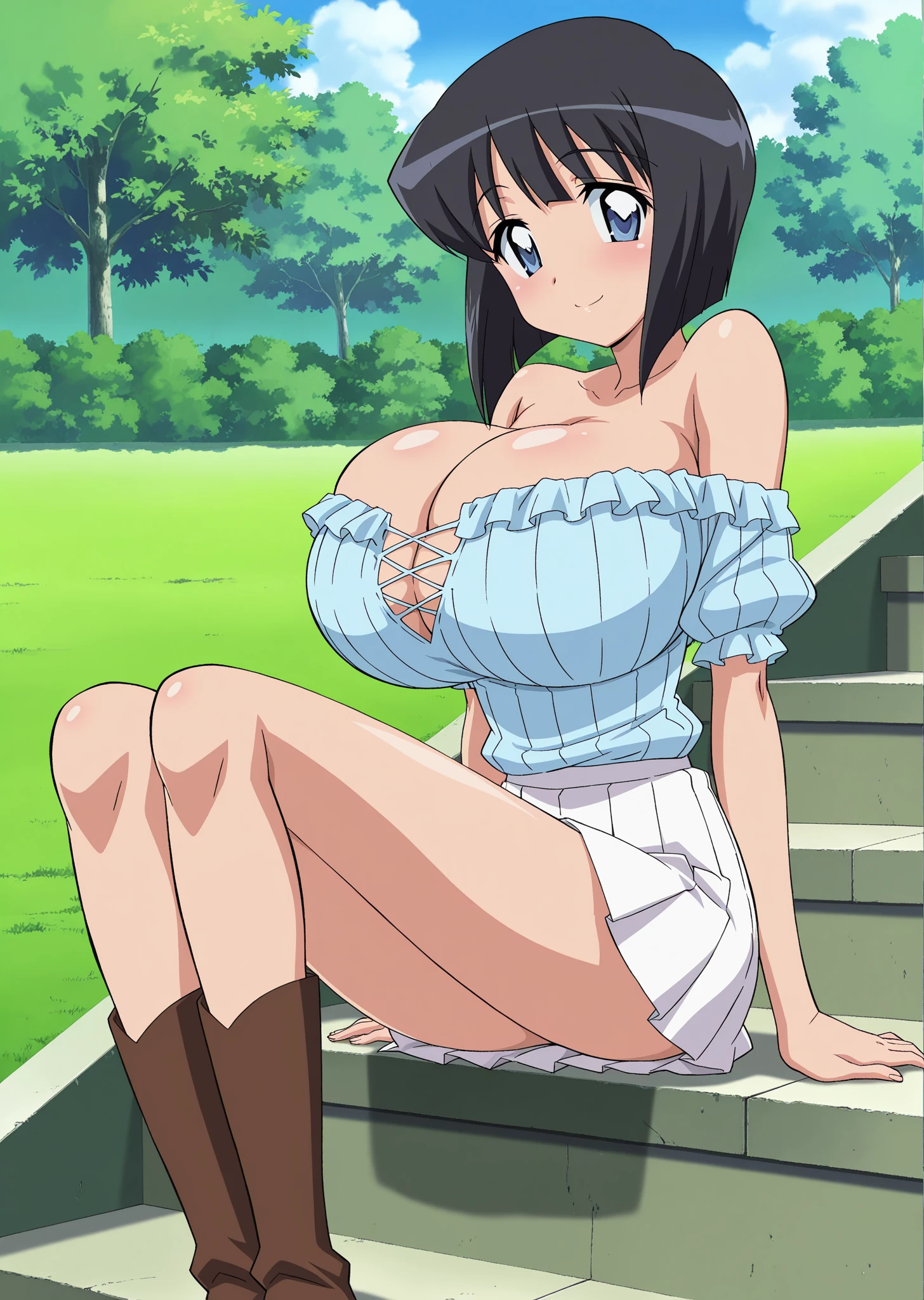 (1990s \(style\),retro artstyle,1990s anime cels style:1.2), best quality, ultra-detailed, high resolution, 1gril, huge ahoge, bare_shoulders, turquoise hair, white dress, neckless, strapless_dress, turquoiseeye, tareme, long hair, straw hat, (half closed eyes), big eyes, straight hair, OmaHimaStyle, OmaHimaStyle, smile, closed mouth, wood bench, sitting, from side, wind, bus stop and shelter