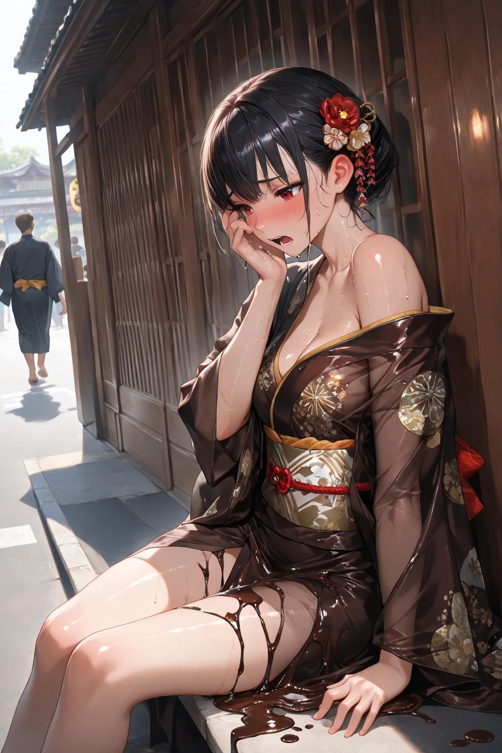 (花魁:1.4)、1girl in,Black hair fringe long hair、Braided hair、disheveled hair、(A detailed eye:1.2)、Light brown eyes、(Extraordinary beauty)、(dignified expression)、(Colorful traditional kimono, A shiny and luxurious Japan based on red:1.4)、(爆乳:1.7)、(small breasts with rounded upturn:1.7)、(Photorealsitic)、(intricate detailes:1.2)、(​masterpiece、:1.3)、(top-quality:1.4)、(超A high resolution:1.2)、超A high resolution、(A detailed eye)、(detailed facial features)、Wearing kimono_Clothes、(A dark room where only bedside lanterns shine:1.4)、on the bed、(Are sleeping:1.4)、(Open your legs:1.3)、Emphasis on the thighs、(beauty legs:1.4)、Emphasize the valley、(showing the shoulders:1.4)、(From  above:1.2)