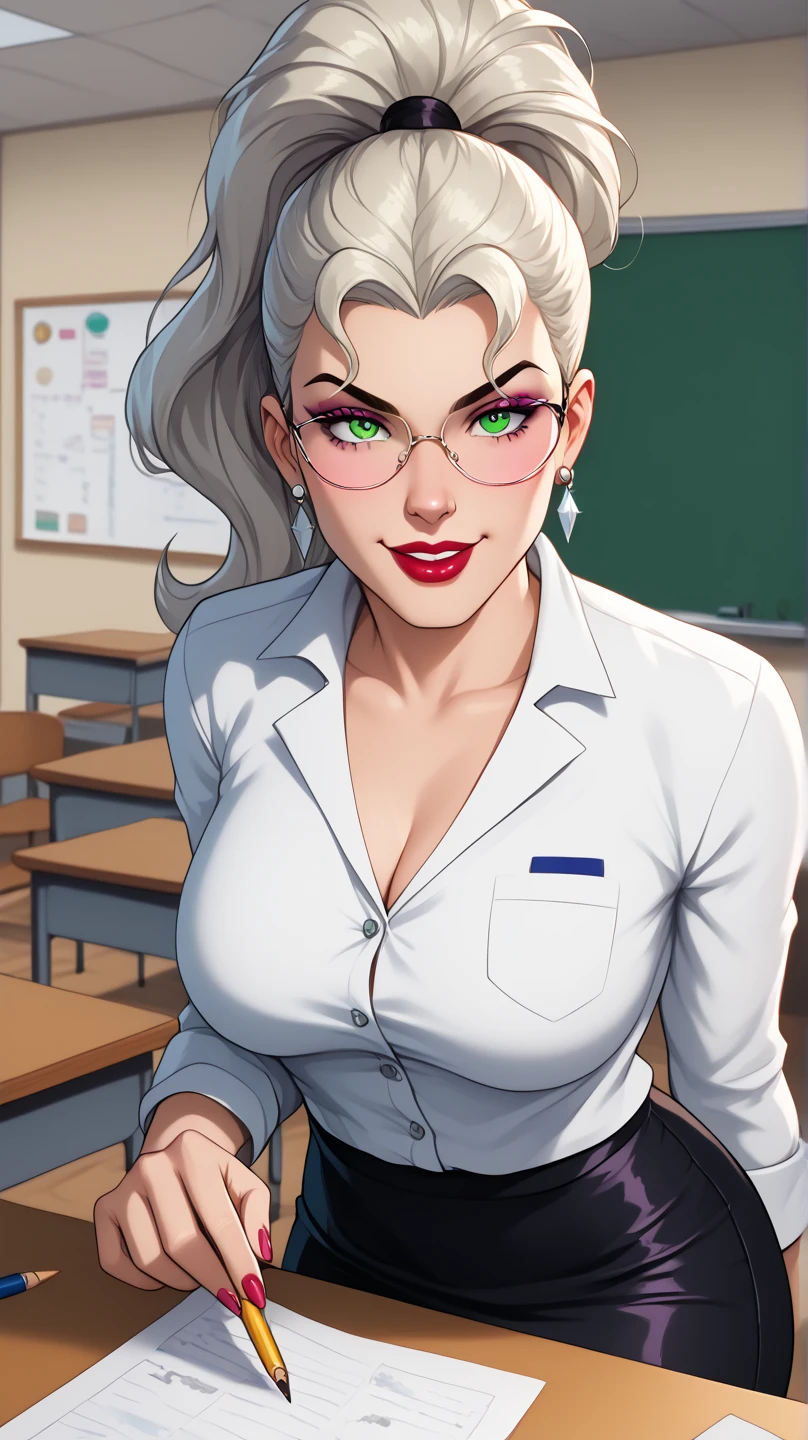 (((my little pony))), black striped white hair, (pale white body), gray eyes, big breasts, purple lips, big butt, belly, milf, perfect lines, realistic lighting, cinematic, aquarelle