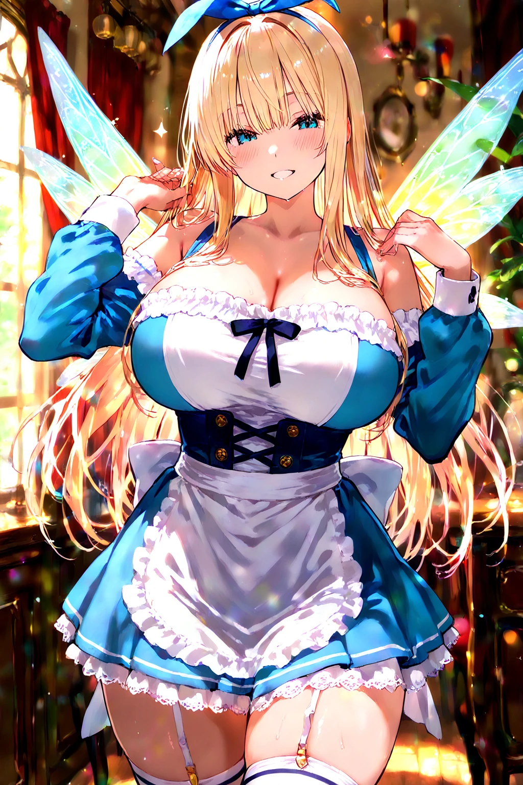 masterpiece:1.4,best-quality,Super Detail,Very Delicate and Beautiful, erotic photo, ( A beautiful princess boldly rolls up her skirt to show her panties ), sexy thong panties, garter belt, garter stocking, gigantic breasts, off-shoulder top, beautiful eyes, in the city