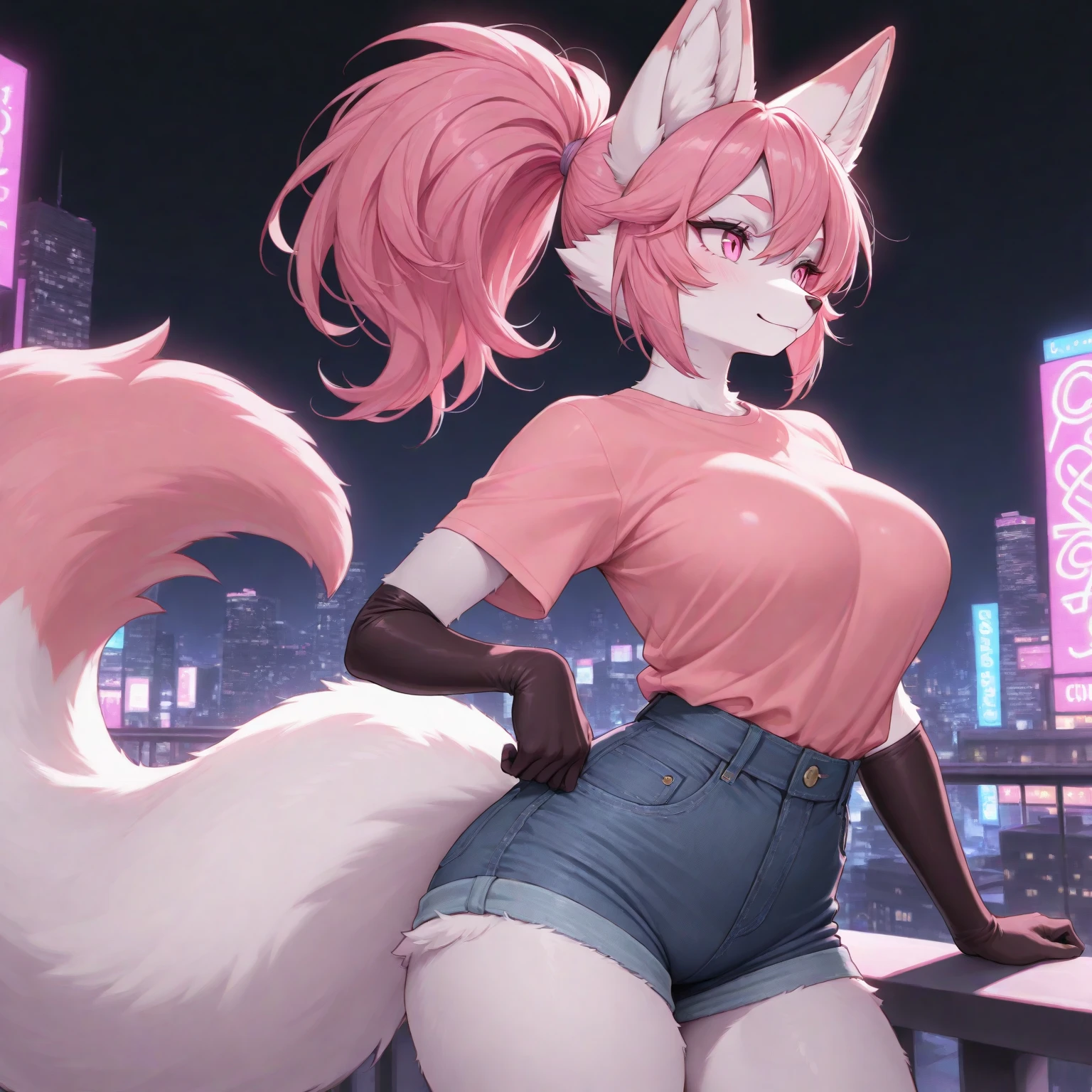 Female green eyes grey tabby, fluffy fur, fluffy tail, black hoodie, black shorts, synthwave eyes, synthwave eyes, ruined synthwave city, no life, night, stern but blushing, massive breasts, synthwave katana, correct human anatomy