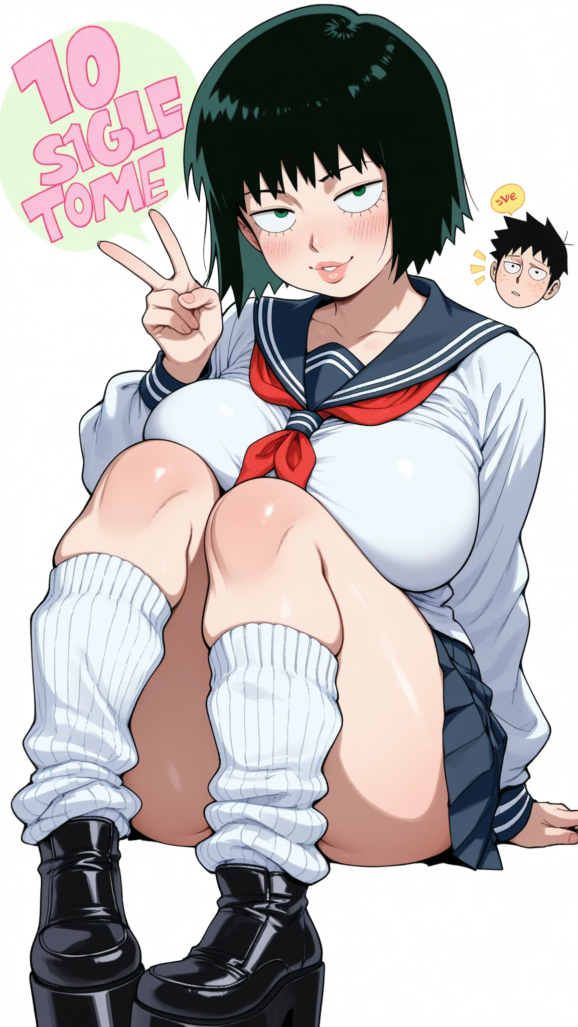 (masterpiece, best quality:1.2), Shader, High contrast, behind shot, 1girl, kawaii, (super big breasts, micro waist, very long legs:1.4), Firm , Black hair, short bob hair, short height, scrawny and thin body, Light Skin, cute big eyes, cute beautiful thin face, serafuku, pigeon-toed, wet and sweaty, visible ribs, Open pussy, sex with ejaculating super big penis Goblin, ugly big Goblin is huge hands and huge dick, Cowgirl position, she V sign, Trembling