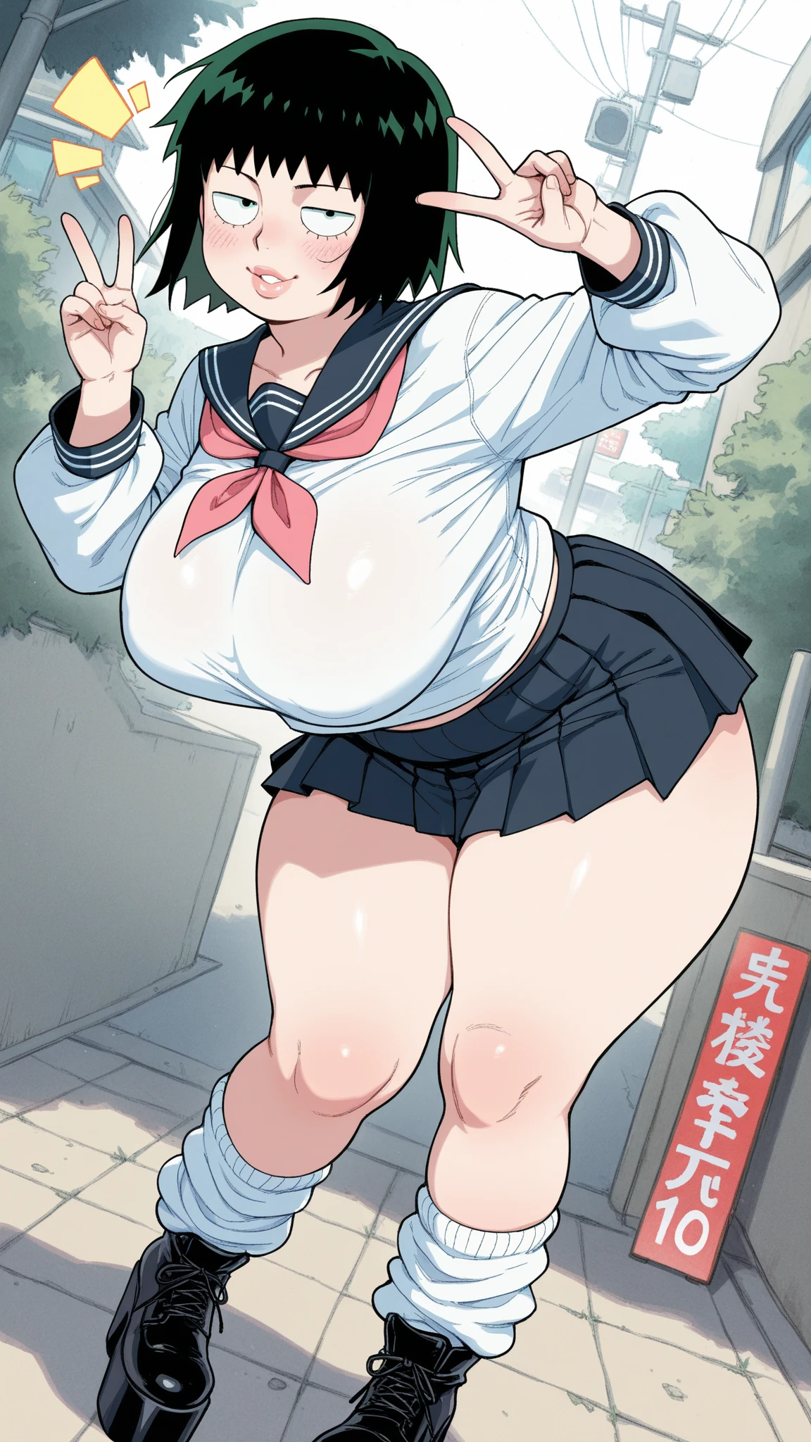 masterpiece, best quality, ultra-detailed, Potrait of beautiful , (chubby) (muscular), (plump), (sexly), (cleavage), (Breasts), (Plump), ((very short hair)), ((Uzaki Hana)), (overweight), (Gray Hair), ((Saggy breasts)), (blue eyes), (Short Hair), (blue eyes), ((thick)), ((school uniform)), (fullbody), (naughty smile), (Canine teeth visible)