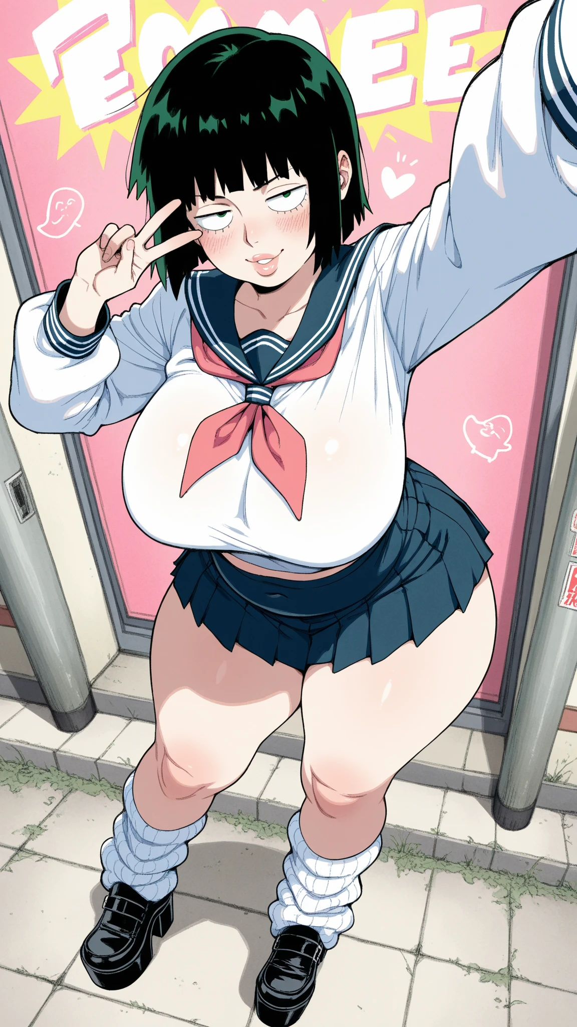 ((Table t○p, highest quality, Hi-Res Lucifer,Anime Screen Capture、Pixel perfect, 8k)))、nsfw、Perfect Anatomy、(((Huge breasts、Wide Hips、Wide ass)))、(((Bobcut、Blunt Bangs)))、(((Skirt flipped up by the wind、White Shirt、Black Mini Skirt、Blue striped panties、Skirt flipped up by the wind、Cyber Protector)))、Hands on Hips、Sweat, vapor,(Yellow Eyes)、((Black Hair)), V-shaped eyebrows、 ((((smile、blush))))、(In town)