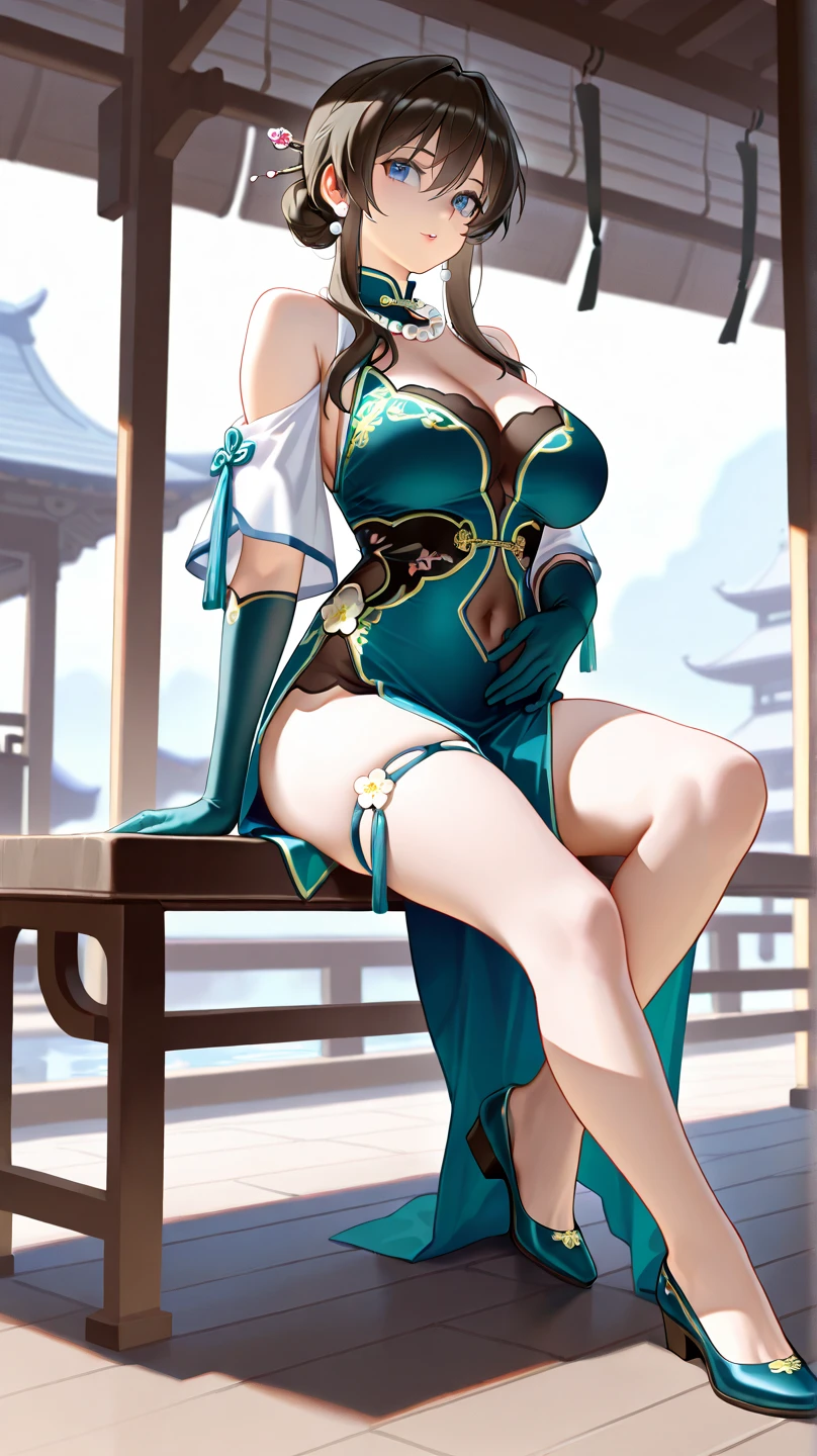 A woman in tight clothes, in a Chinese garden, Chinese palace in the background, autumn themed, with peacocks around, smiling, brown eyes, black hair with dark green details, large breasts, ultra resolution, well defined, masterpiece , 4K