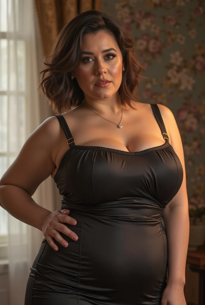 HayleyAtwell head, thin legs, thicc, wide hips, small hands, big boob, large breasts, exposed cleavage, black dress