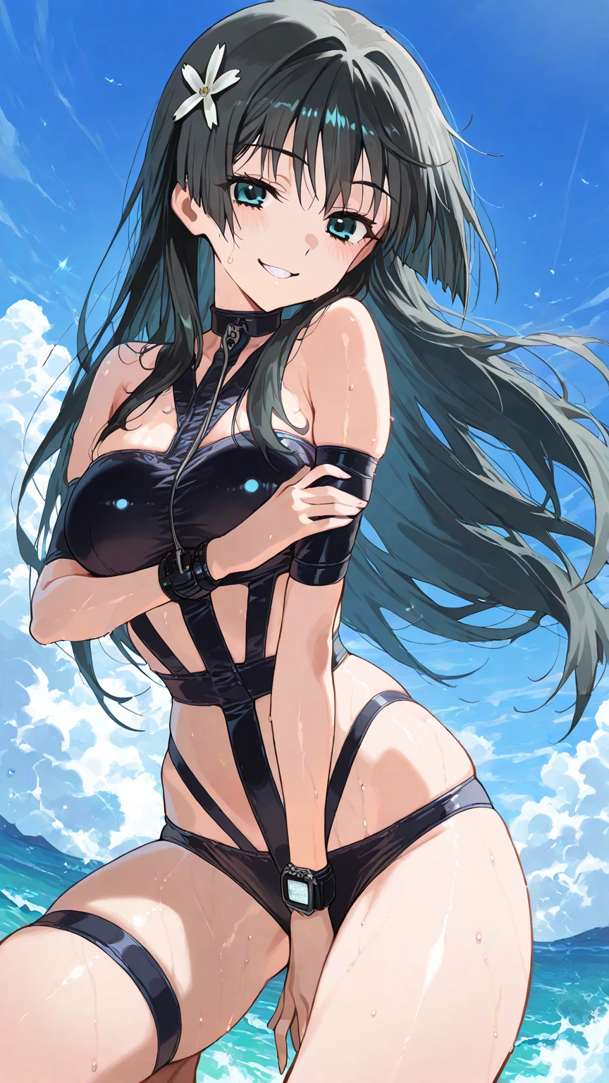 1womanl,Black hair,14years ,(()),Beautiful breasts,(((sexy white and blue shiny bunny suit)))(())(((Blushing cheeks、Smile with open mouth)),(((Satin Narico))),((( portlate))),Crowds,white and blue bunny suit,