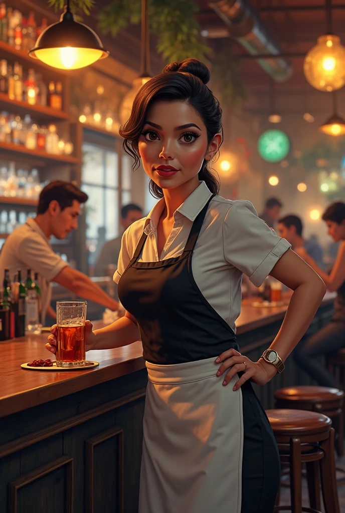 DEN_jossanova_SG,
working in a dark atmospheric bar, working behind the bar, pulling pints, bar, dark wood bar, atmospheric, wearing a shirt and tie and skirt,
bokeh, f1.4, 40mm, photorealistic, raw, 8k, textured skin, skin pores, intricate details <lora:epi_noiseoffset2:1>, epiCRealism,