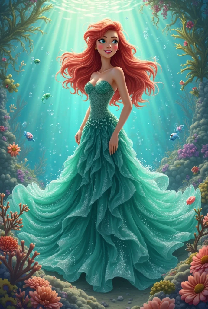 Girl Boku no hero academia anime long red curly hair, green eye, expensive skin, dressed in blue dress on underwater background full body