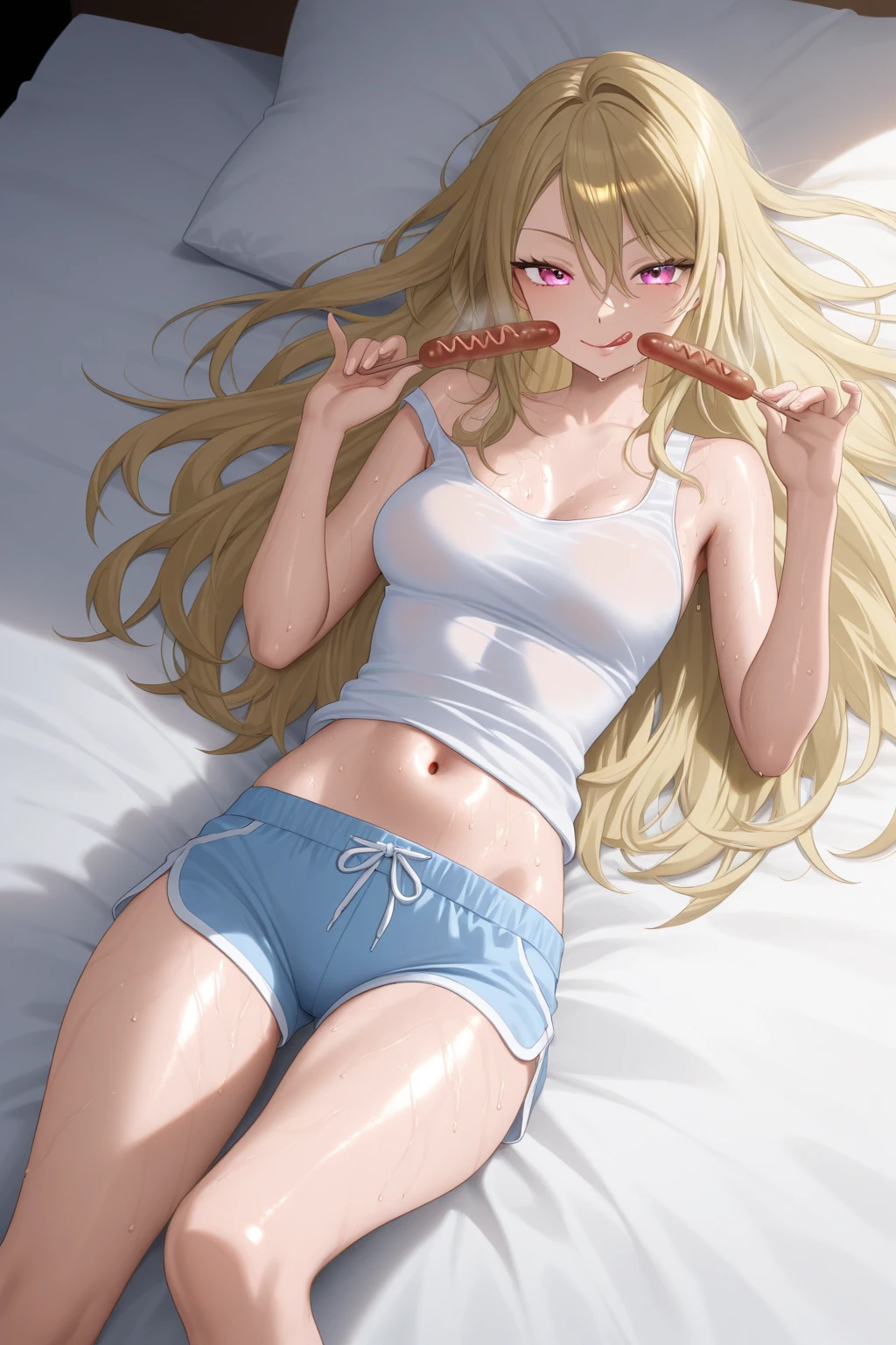 ((best quality)), ((masterpiece)), (detailed), one girl with long blond hair in white t-shirt giving blowjob to man, pov, hot scene, fear in eyes, blue eyes