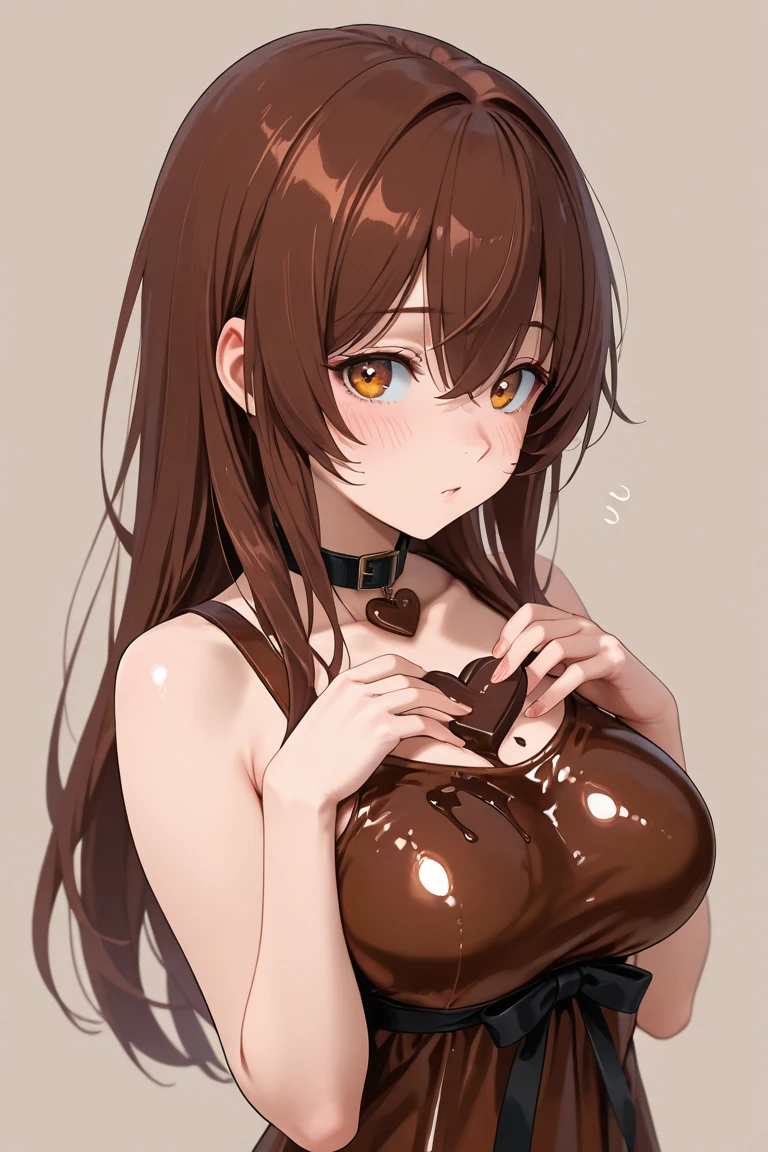 brown hair, green eyes, hair ornament, 1girl, breasts, ?????_ribbon, smile, navel, large_breasts, ribbon, heart, looking_at_viewer, armpits, solo, chocolate, grin, blurry_background, choker, collarbone, blurry, jewelry, valentine, earrings