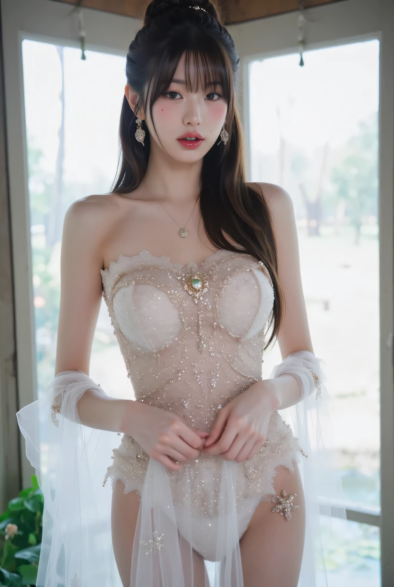(Highest quality, High resolution, Realistic:1.2), Dramatic lighting, Oil, Detailed skin texture, long flowing hair, Elegant pose, Bright colors, Fine brushwork, Portraiture, Realistic makeup, Strong gaze, Delicate features, Complex background, Professional illustrations、((Lace fabric 1.5)))、Small breasts 1.5、(((See-through dresses 1.4)))、(((Mid-shot photo 1.5)))White background、Shining、