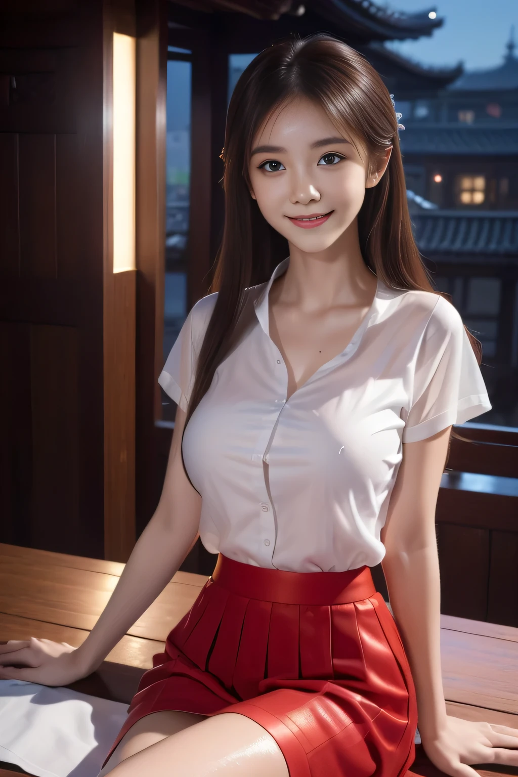 (One girl in wet white shirt and red skirt: 18 years old: smiling), beautiful, great face and eyes, make up, (Highly detailed beautiful face), {{{{big double eyelids: eyeshadow}}}},{eyelash extensions: 1.2},(sexiest looks), (beautiful big boobs: 1.1), (best quality: 1.4), (super detailed), (highly detailed CG composite 8k wallpaper), highly detailed, RAW photo, professional photo, ((no panties)), {{(you can see her pussy through her tight red skirt)}}},
rest,{{{(see-through wet white shirt: red bra: 1.2)}}}, {{{sitting, {(spread legs: pussy: pubic hair: 1.5)}, outdoors, (business district, city at night, illumination), (night sky), {{written border depth}},