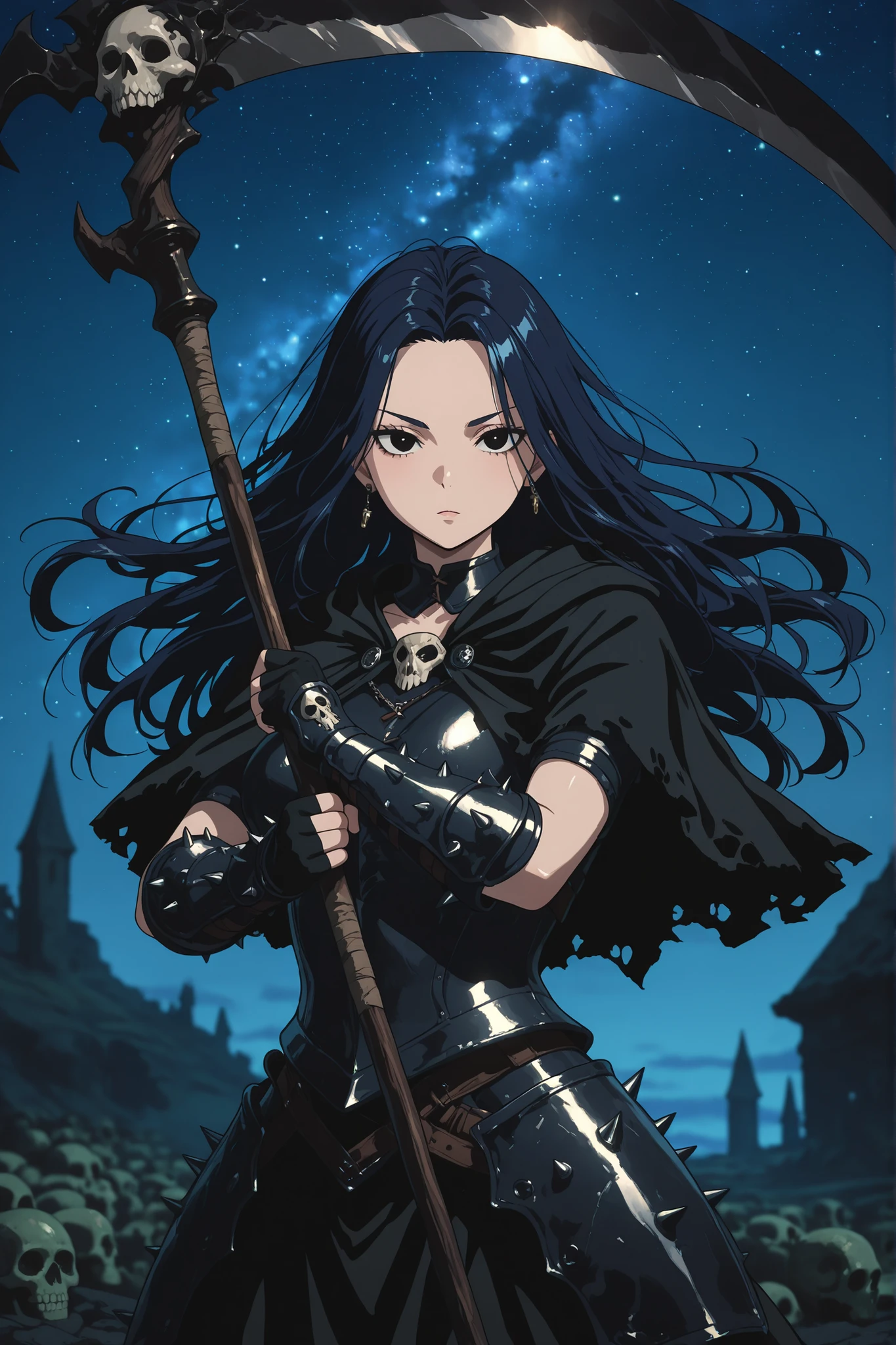 masterpiece, best quality, amazing quality, 1girl, solo, necromancer, dynamic pose, gothic armor, skull armor, spiked armor, tattered capelet, black eyes, shiny eyes, dark blue hair, long hair, tousled hair, olive skin, holding scythe, detailed scythe, two-handed scythe, looking at viewer, facing viewer, cemetary, fantasy, outdoors, night, starry sky, blurry background, vambraces, black fingerless gloves, upper body, standing, faulds, earring, fighting stance, absurdres, highres