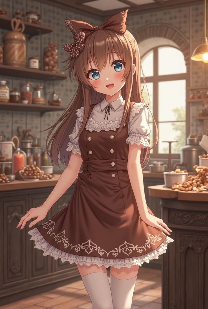 A studio pic of a cute anime girl 22 years old in a chicolate factory, dancing happy making chicolate with cacao seeds, long thin straightened light brown hair, panic expression, one leg up, delucate beautigul versalles style dress, white lace stockings, doing a cute smile laughing looking at camera, blue eyes, in a cozy dance ambient wth a candy factory in the background, we can see a musical happy background, the ambient is fancy and warm, a lot of chocolates and candys