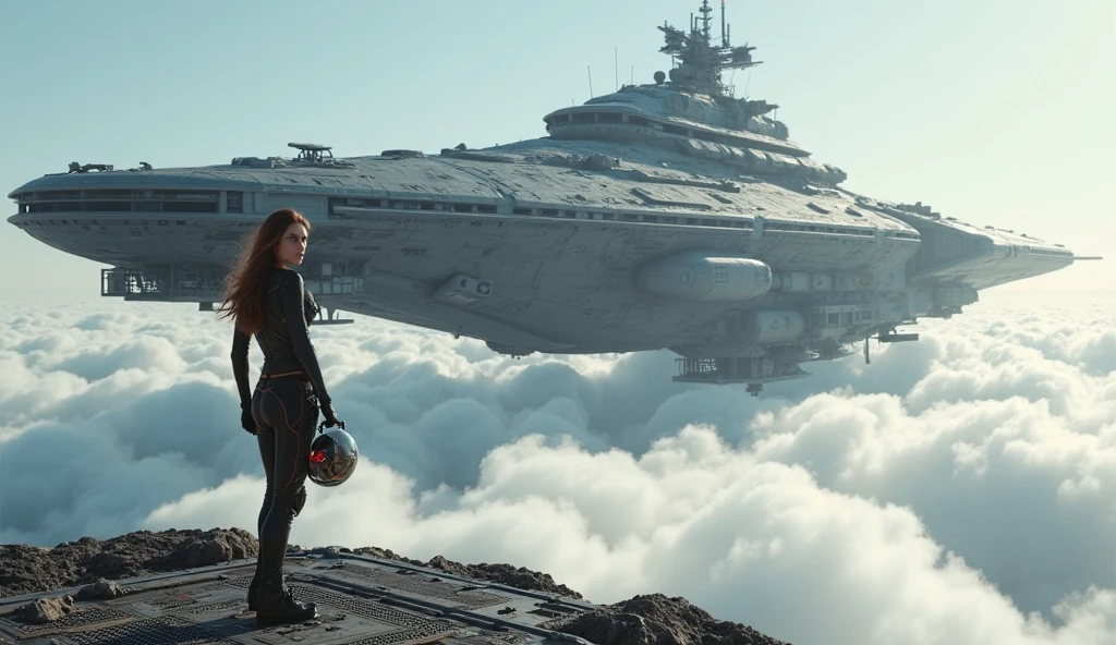 detailed,8k,photorealistic,cinematic lighting,dramatic lighting), (apocalyptic,snowy winter landscape), (beautiful mature milf woman,2, gorgeous european features, cleavage,long wavy brown hair, intense gaze, elegant pose), (giant futuristic spacecraft,high-tech shuttle,cold icy environment)
