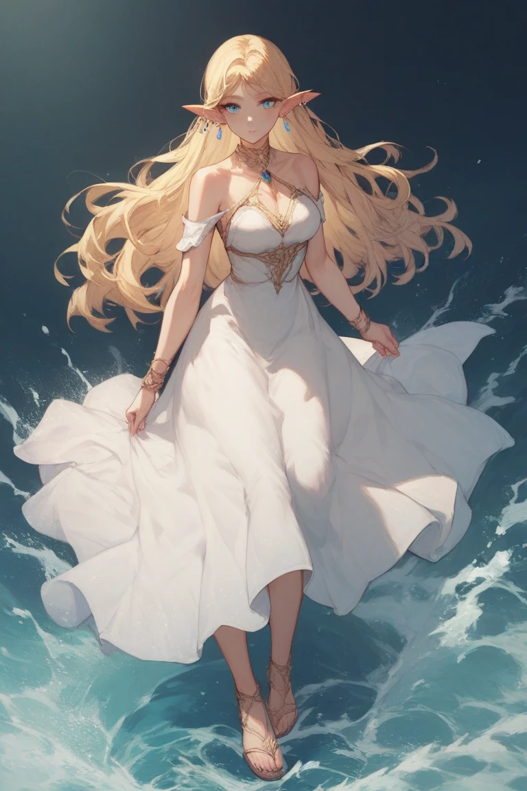 (masterpiece、Highest quality、8k、High resolution)、One female、(Beautiful Face、Beautiful Face)、Beautiful eyes、Beautiful lips、Beautiful nose、Blonde Hair、(The best girl in anime)、Sandy beach with a view of the forest、A bright night with stars visible、full moon、milky way、体whole bodyから神秘的な光の粒子、Colorful light particles、A mysterious light glowing around the head、melt、jewelry、necklace、dress、(whole body)、Highly detailed anime art、A complete portrayal、