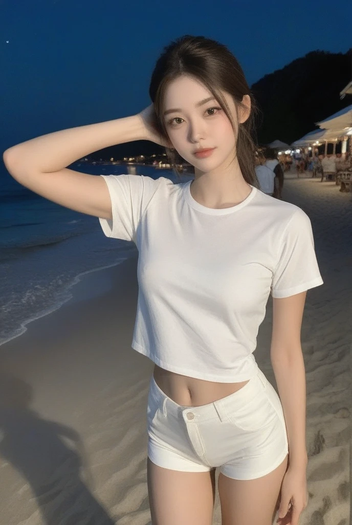 Best image quality、RAW Photos、Ultra-high resolution、21 years old Korean、Small breasts、Dynamic Angle、Cowboy Shot、The most beautiful chaos、elegant、Brutalist Design、Vibrant colors、Beautiful white hair、Short Bob、smile、fun、smile、Glowing White Skin、Beautiful eyes with random colors、Very thin lips、Beautiful eyes in every detail、 Narrow eyes、Cheeks are pale pink、Eyelash length、Beautiful double eyelids、eye shadow、Bright white hair、Oversized T-shirt、Short sleeves、hot pants、Sandy Beach、Shooting from the side、turn around、The wind is blowing、Hair fluttering