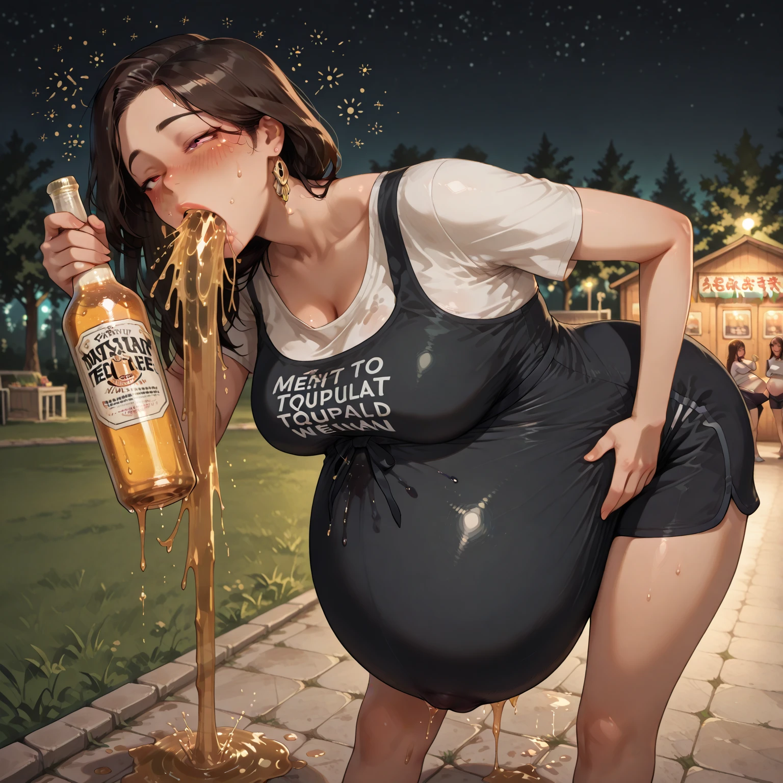 gorgeous  woman, thin face, in a tight dress, with a round belly, beer belly
