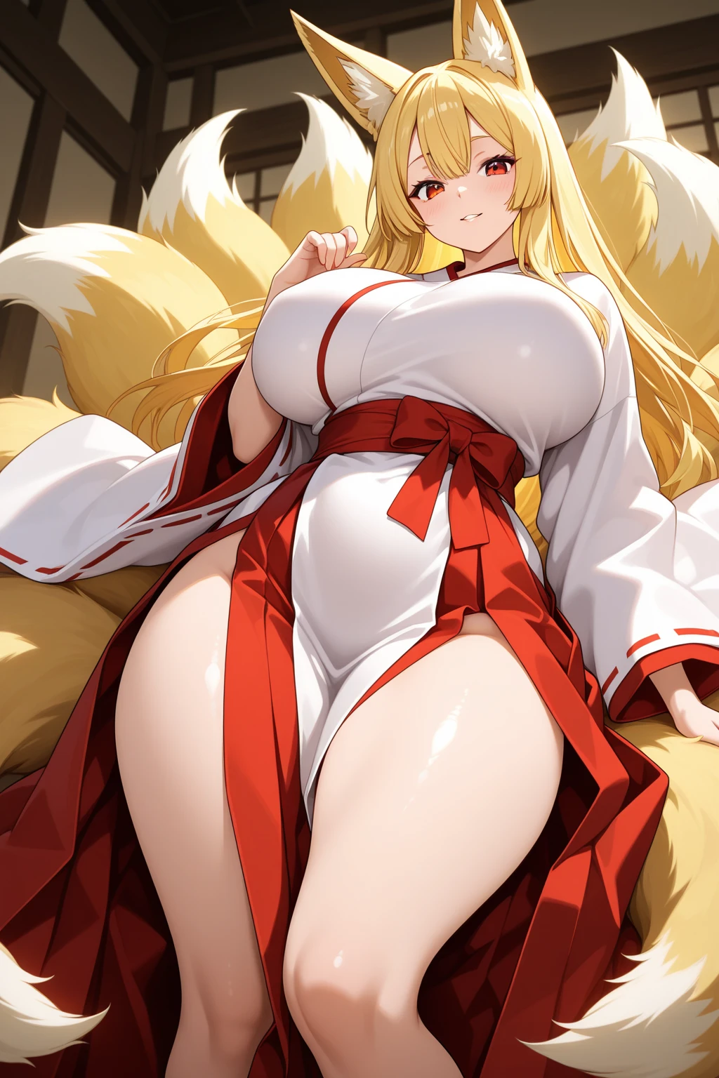 One girl, Mature Woman, Mature Woman, Japanese-style room、Tatami room、Sliding doors、Dark room、 plump, Voluptuous body, Huge breasts, Saggy breasts, Wide Hips, Thick thighs, Miko costume, barefoot, Cleavage, Are standing, Blonde Nine Tails, smile, Short blonde, Red eyes, at night, 8K, masterpiece、milf、Fox Ears