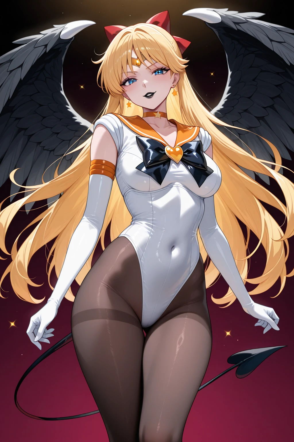 Egg-colored demon girl + Wear a white swimsuit with sleeves + white boots + It has white wings over black on its hips. + long yellow hair + yellow eyes + There is a small yellow star on the left cheek. + has a white tail + white ribbon + He has gray-white horns. + Has a black collar + There is a white shawl that leaves the middle. Put on Doflamingo's glasses.