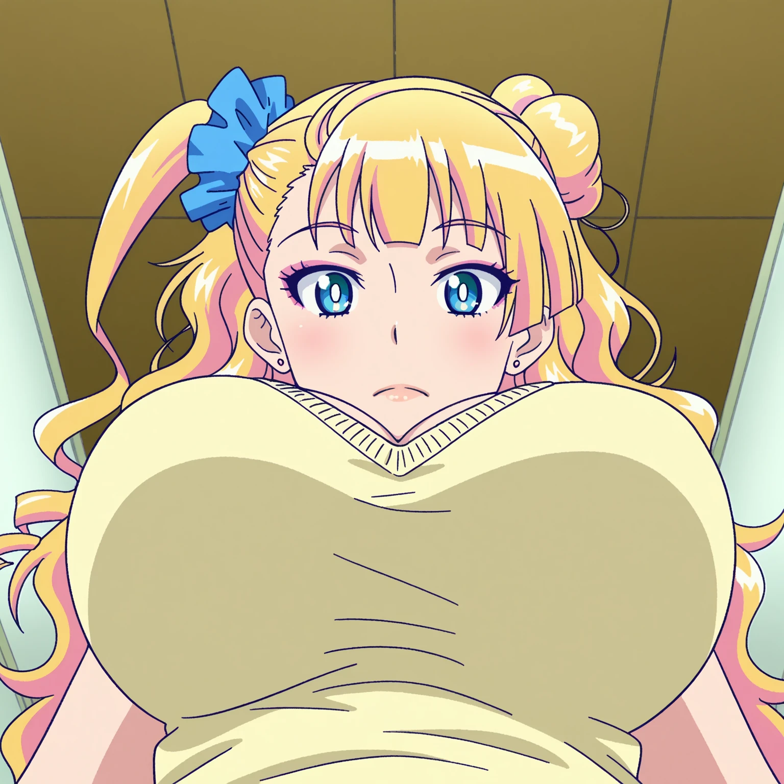 (Upper body realistic:1.5).Yayoi,(Venus Body,slim thick bimbo),((Super super super super burst milk)),((Super super super big cleavage)),Bursting breasts,View from above,SQUAT,squat,