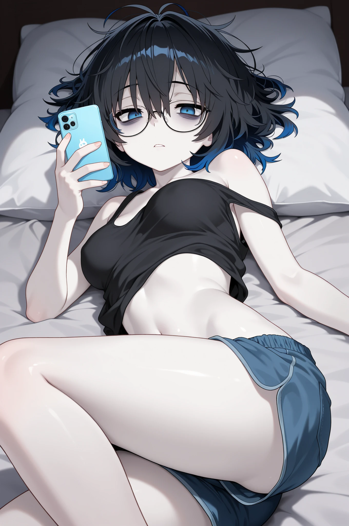 mature woman, goth, hot face, black lipstick, tongue out, teasing expression, seductive grin, hot face, (sharp eyes), gray eyes, short hair, messy hair, black hair, slim body, medium breast, short pants, hot pants, black clothes, midriff, sitting down, sitting on sofa, crossing legs, (holding phone), view from side, side view, living room