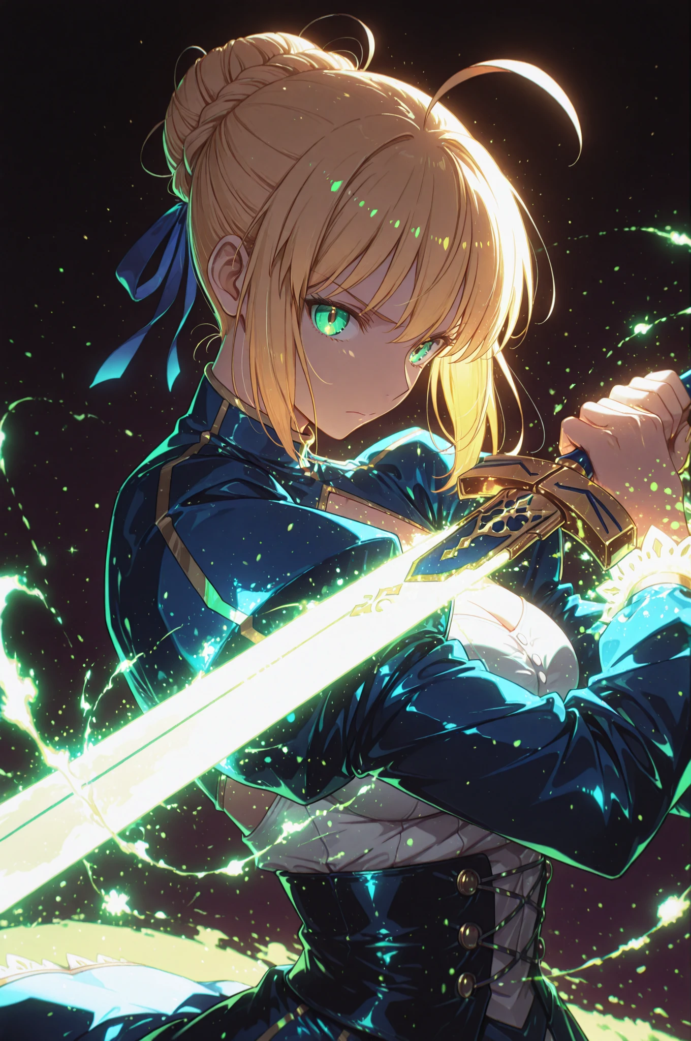 masterpiece, best quality, weapon, holding sword, 1girl, saber, fate_(series), 1girl, blonde_hair, green_eyes, tied hair, SHN journey, neon art, neon colors, glowing, glow effect, bright outlines, vibrant colors, high contrast, dark background, digital art,