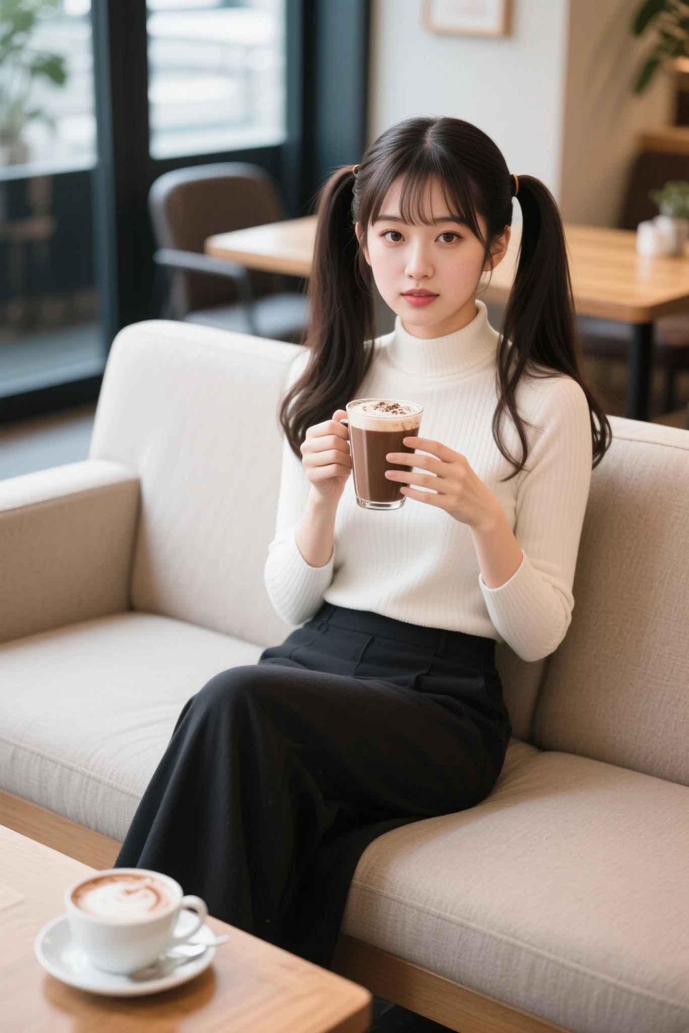 A woman sitting on a chair with a cup of coffee and a fox tail, Woman in a mysterious coffee shop, foxgirl, Bushy tail, a small face, Stretch the neck, ８Head and body, a picture, top-quality, small tits