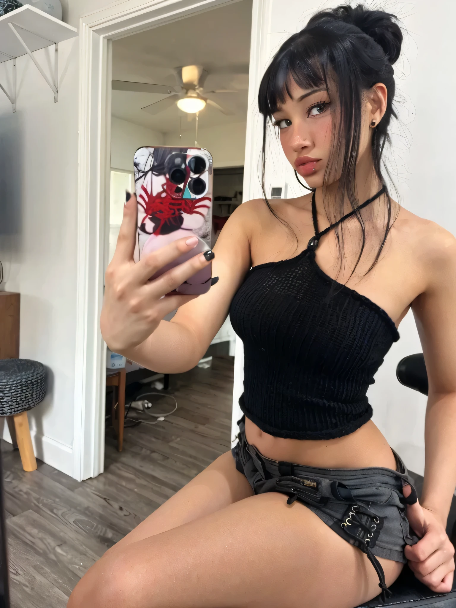 Dark hair, dark eyes, black cothes, teenage bedroom