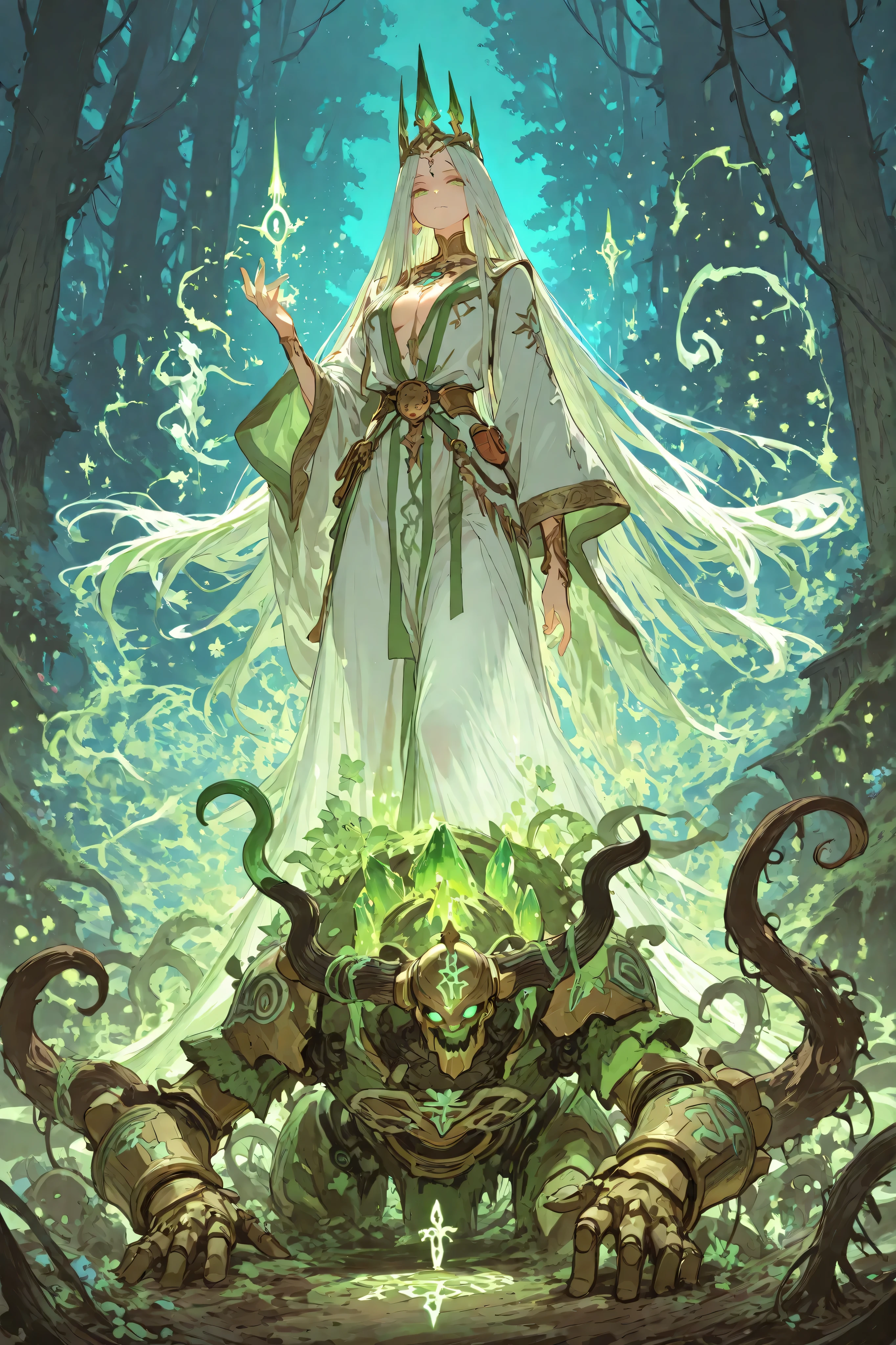 high resolution,4k,amazing drawing、fine details、The game world、Final Fantasy、Final Fantasyのキャラクターのディテール、A majestic forest spirit queen, named Syl=Arda, riding a stolen arcane war machine into a human fortress city. She has long flowing hair like silver leaves, glowing emerald eyes, and wears a robe woven from mist, roots, and starlight. The war machine is an ancient siege golem now infused with natural magic—vines and flowers grow across its armored body, glowing with green runes. The background shows a human stone fortress cracking under the spirit's advance, as swirling wind and glowing spores fill the air. Syl=Arda stands atop the machine with a calm but fearsome presence, her hand raised as trees rise behind her in judgment. High fantasy art style, elegant and powerful, glowing effects, natural magic meets lost technology.Mage Weapon、

 Spectacular religious art,