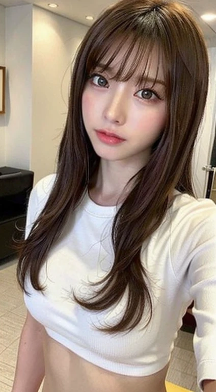 Cute staring at camera、summer clothes, highest quality, realistic, 8K, High resolution, full color, 1 girl, woman, woman, 15 years old, (closed mouth:1.73), School, classroom,with white skin,translucent, view viewer:1.8, (1 girlの目は視聴者を見ています:1.55), (medium hair, Brown haired, parted hair:1.45),