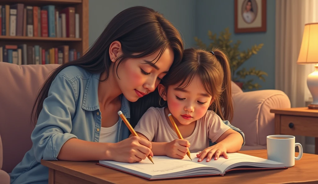 a mother is company with her ??? doing homework. they're looking down at the textbook. 8k super realistic