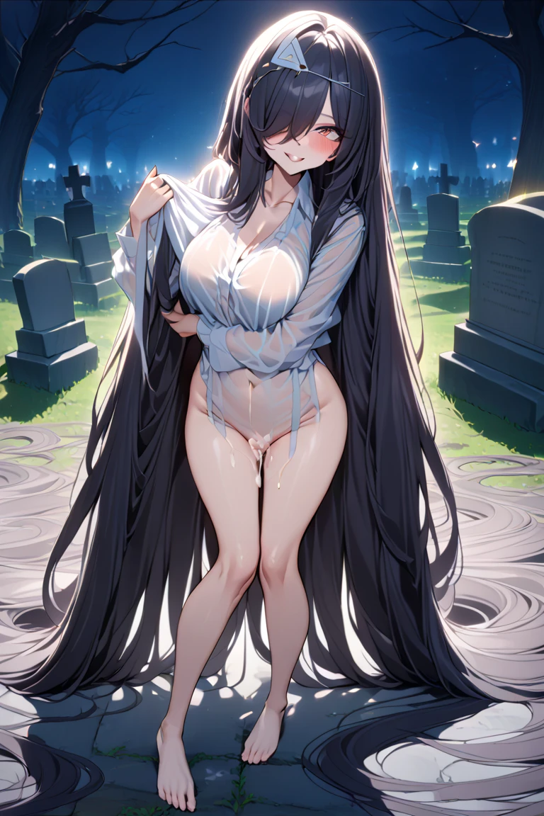 Masterpiece, 1girl,solo,huge breasts, ghost costume , (hitodama) ,night, tombstone, graveyard, long sleeves, very long sleeves, , ghost, pale skin,, off shoulder, cleavage, no bra, (((extremely long white hair))), lying on ground by tombstone, bare legs, shredded tattered clothes, curvy wide hips, massive breasts, chubby thighs, (((beautiful bright pink anime eyes))), japanese graveyard, from above, full lips, beautiful mature face, MILF