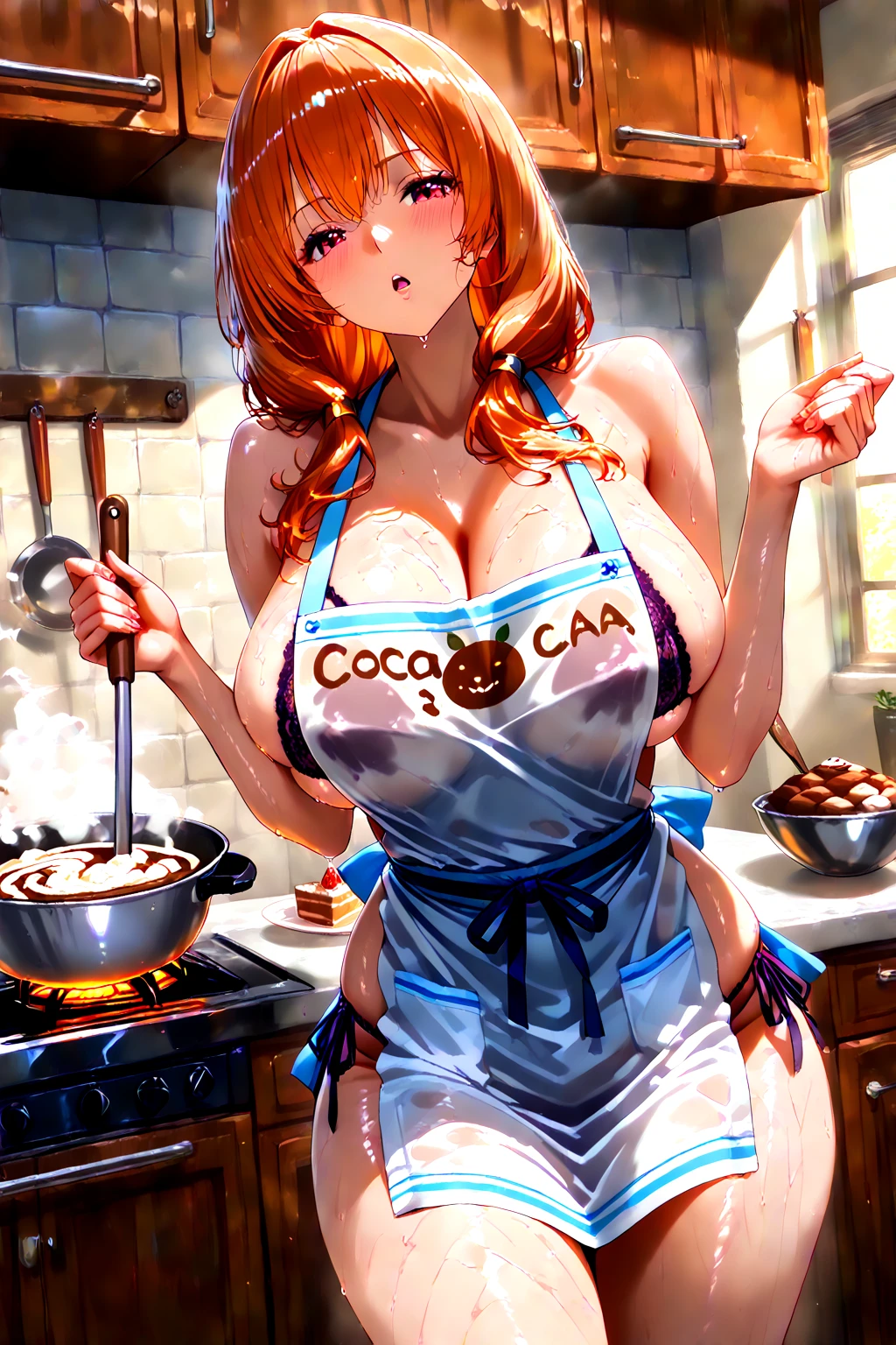 ((2 girls), solo, clevage, Big round breasts, trendy, stylish, clevage, thighs, hips, realistic, pink hair, blonde hair, light green eyes, lip gloss, detailed face, amazing big eyes, eye details, big lips, eyebrow details, blush, naughty, mischevious face, HD, good quality, messy kitchen, sexy, baking chip cookies, chocolate mix on breasts, pink apron, hot, messy flour