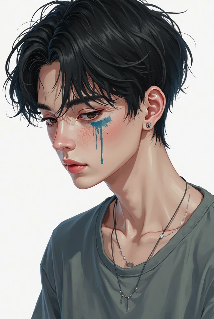 one crying anime boy , brown eyes 