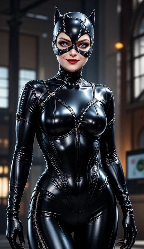 score_9_up, score_8_up, score_7_up, 1girl, solo, mature female, ((Anne Hathaway)), long brown hair, brown eyes, red lips, parted lips, fit slim body,((perfect medium erected breast)), (((catwoman tight suit,))), ((concrete bunker with white neon lights)), ((highly detailed perfect straight face)), perfect model body, seductive pose,