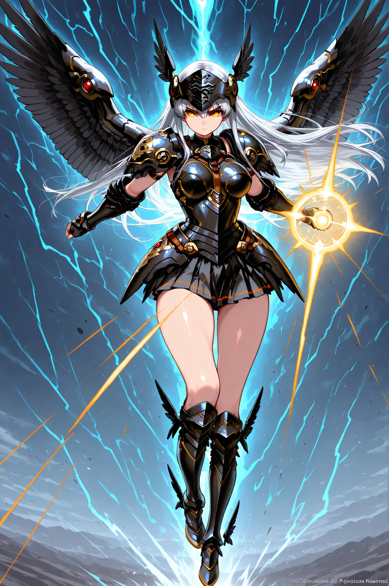 score_9_up, score_8_up, score_7_up, source_anime,masterpiece, best quality, high resolution, extremely detailed CG, absurdres, highres, 1girl, solo, a mecha girl in golden armor with glowing mecha_wings fights at battlefield, ((body surrounded by yellow Battle Aura and lighting)), wings of light, long hair, white_hair, glaring, cleavage, thighs, off-shoulder, (((Shining Armor, glittering Armor))),((mecha wings)), headgear, flying, blue sky, full body, from below, Futuristic, ((aura,Battle Aura, lighting),good_hands