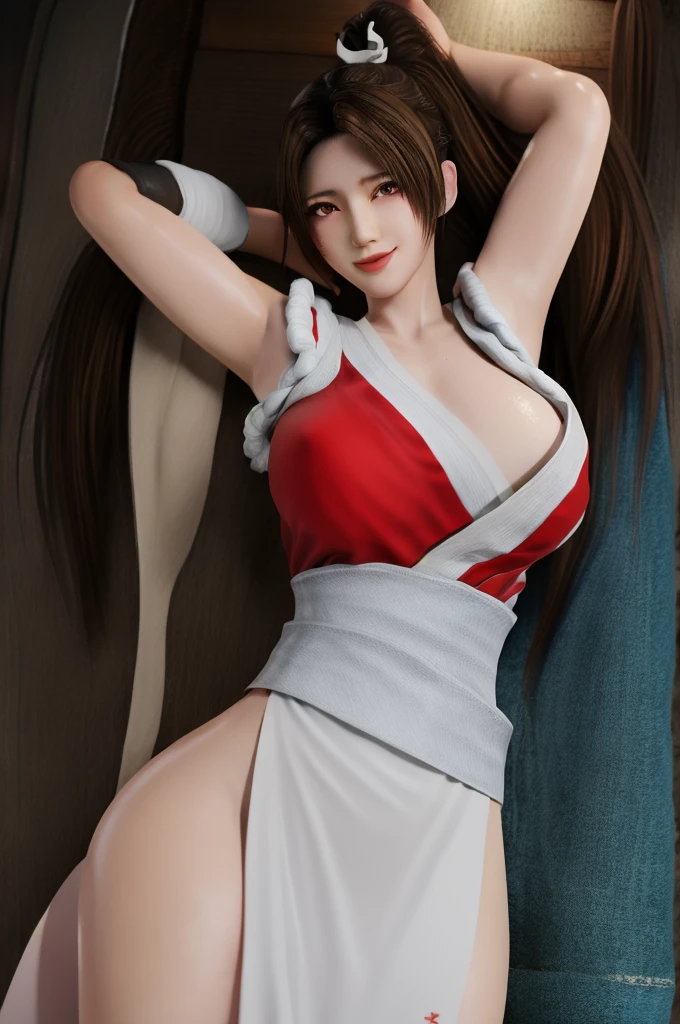 Close-up Japanese busty beauty cosplays as Mai Shiranui and seduces with sexy poses. Shiny, wet, wet hair, wet body, sweat, smile