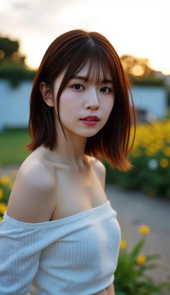 (((Exposing the :1.6))),(((Exposing the :1.6))),(((Exposing the :1.6))),masterpiece, Highest quality, 8K, Absurd, Beautiful medium long bob hair,Woman in her late 20s, That shy expression is cute, （Sensual Style）,(（Seven episodes were filmed....:1.4）), (Completely :1.5), No makeup, The near road and the far road, Written boundary depth, Surreal, High resolution, photograph, Sharp focus, Face lamp, Dynamic Lighting, highest detailed, ,Extreme detaileds、Super detaileded、detailed、Real Skin、Exquisite  features、Positive and optimistic、（The background is a colorful flower field)