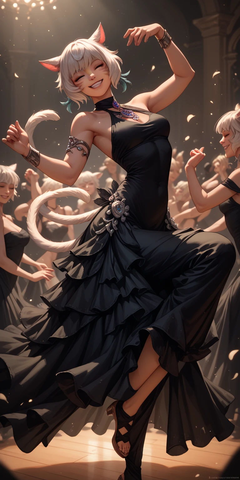 y'shtola rhul,dancing, in a black dress, at prom, smiling