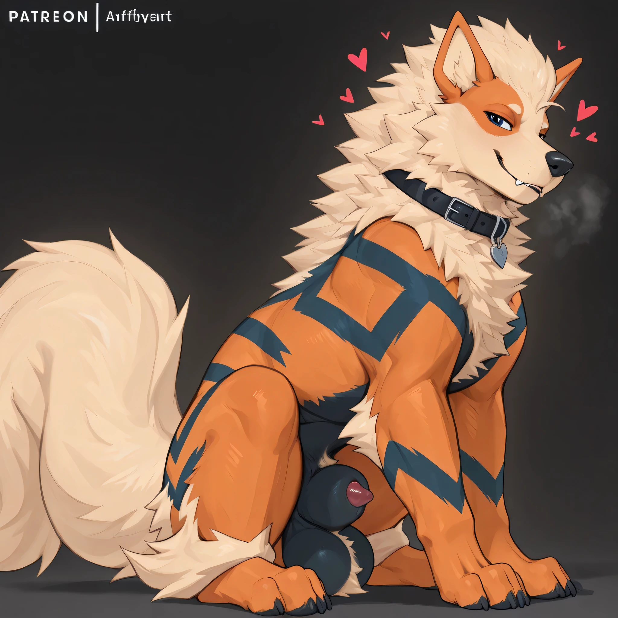 solo, male, arcanine, beautiful eyes, feral, raptoral, handsome, balls, ball tuft, sitting, side view, chest tuft, abdomen tuft, dark philtrum, dog sheath anatomy, penis tip, collar, heart, musk cloud, fluffy, looking at viewer, masterpiece, accurate, anatomically correct, textured skin, super detail, high details, high quality, best quality, highres