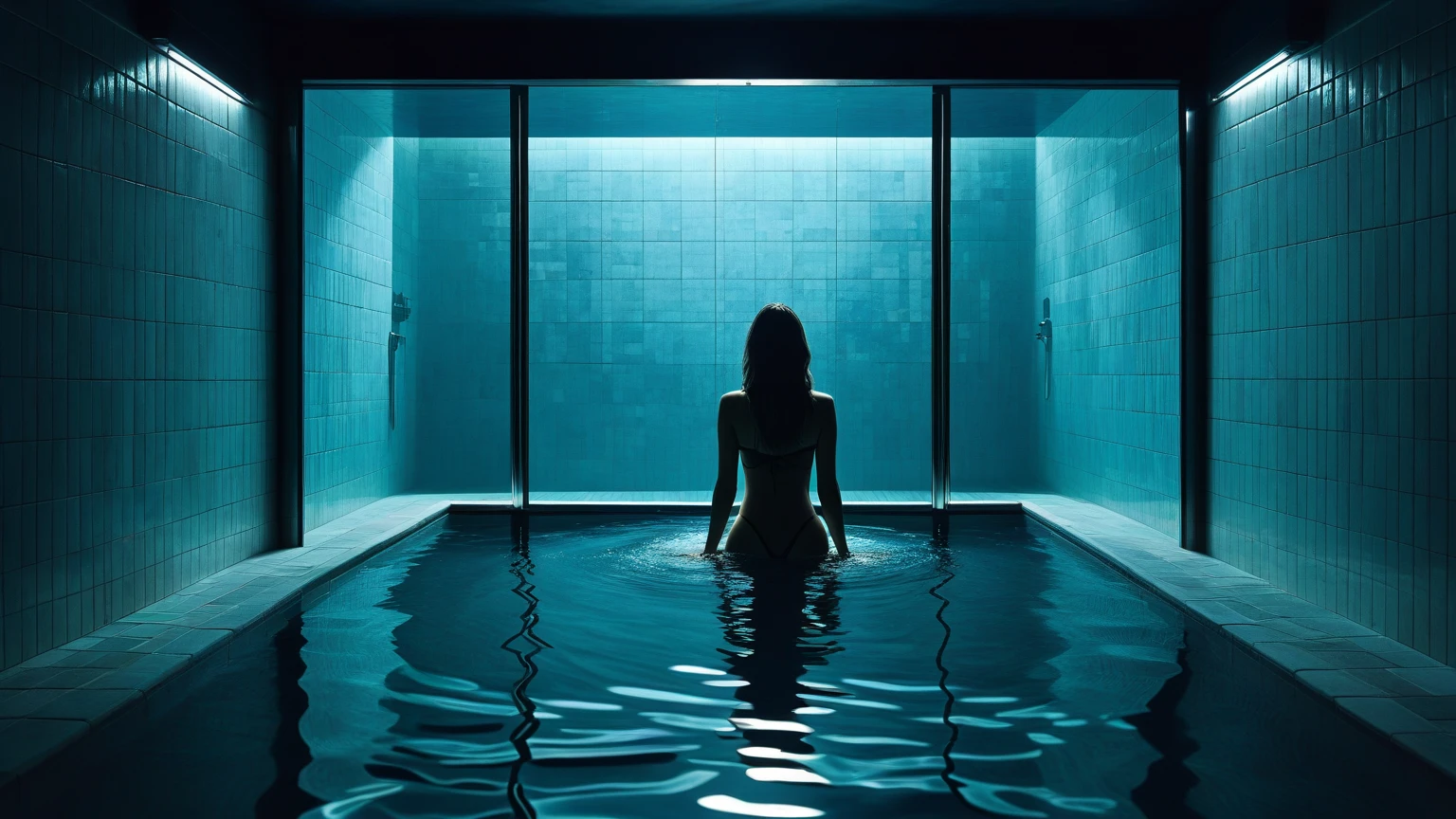 barefoot wet thicc fitness model with her wet body after a dive, bathing inside glowing pool indoors of spaceship. the glittery sky outside of the ship can ben seen through a window in the background and, together with exotic neon flora and bioluminescent plantlife, cast striking bounce light on her wet form in the dark dimly lit room, the caustic reflections of the pool bounce dappled light dramatically on her wet skin. (at the edge of the pool, is a pair of heels made of glass). stark contrast, sharp details, fine details, detailed background, dynamic, scenic, perspective, composition, rule of thirds, cinematic, detailed face, detailed body